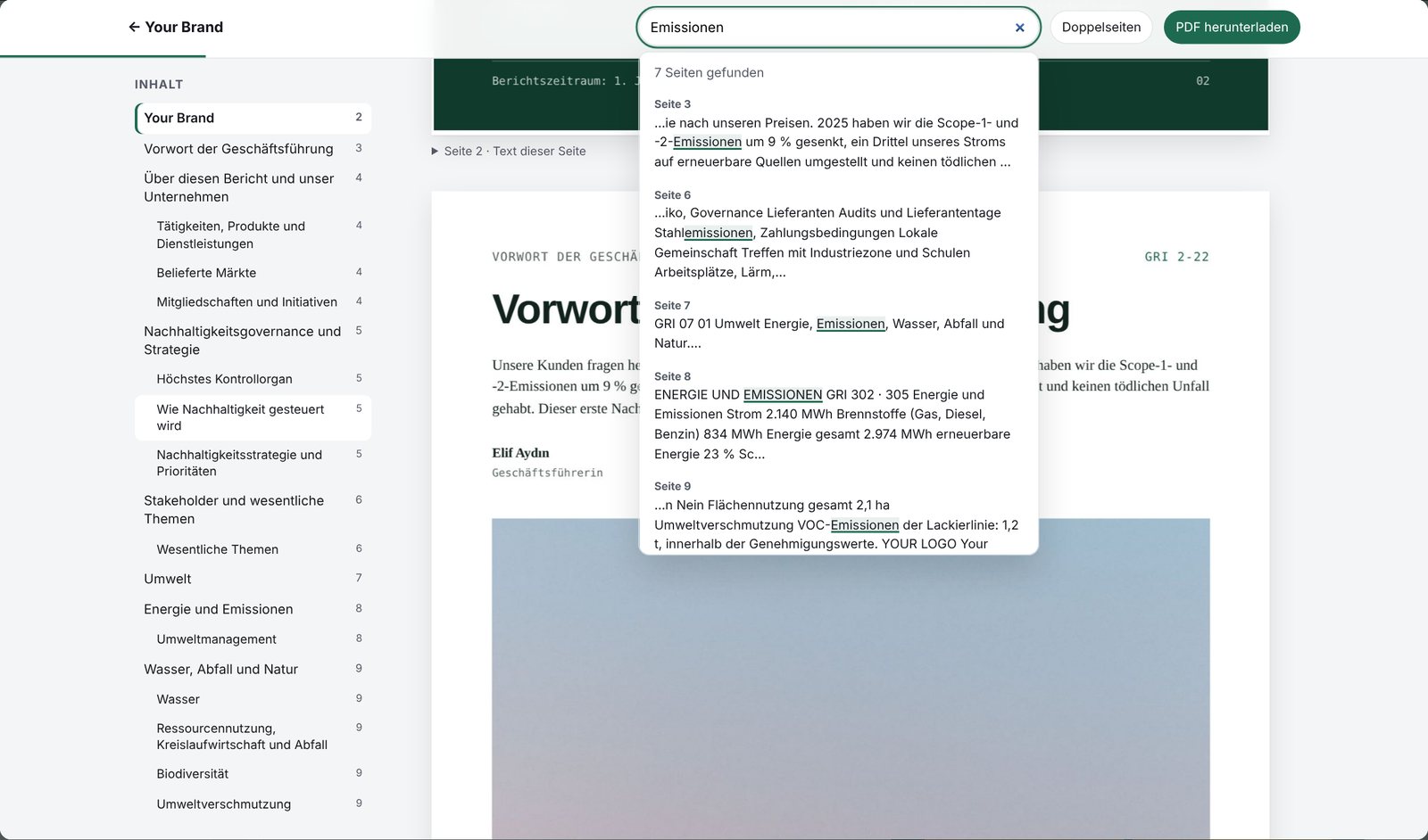 Nachhaltigkeitsbericht als PDF im Web mit Originaldesign, Inhaltsverzeichnis und Suche