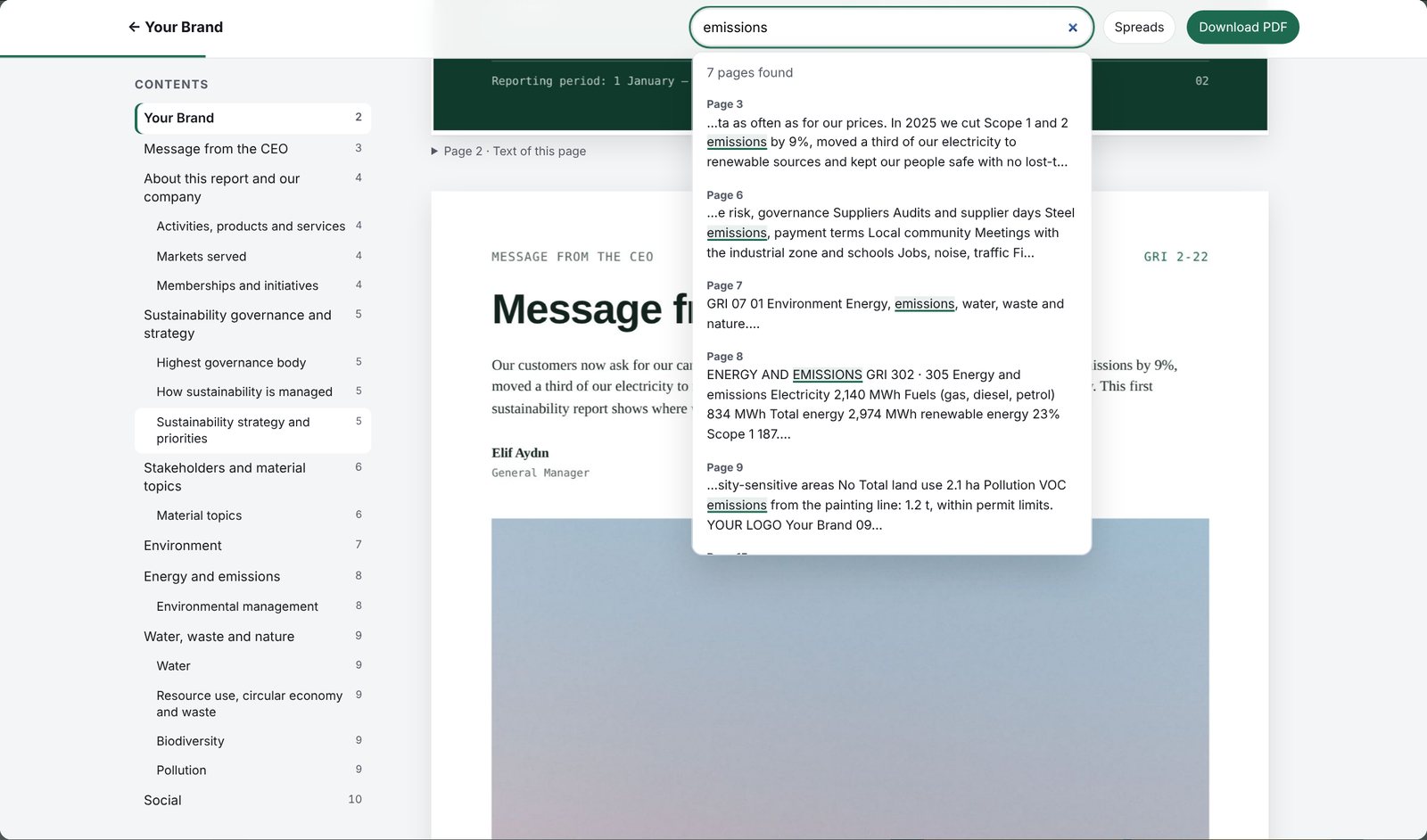 Sustainability report PDF shown on the web with its original design, contents and search