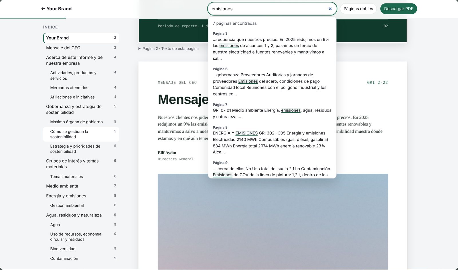 Informe de sostenibilidad en PDF mostrado en la web con su diseño original, índice y búsqueda