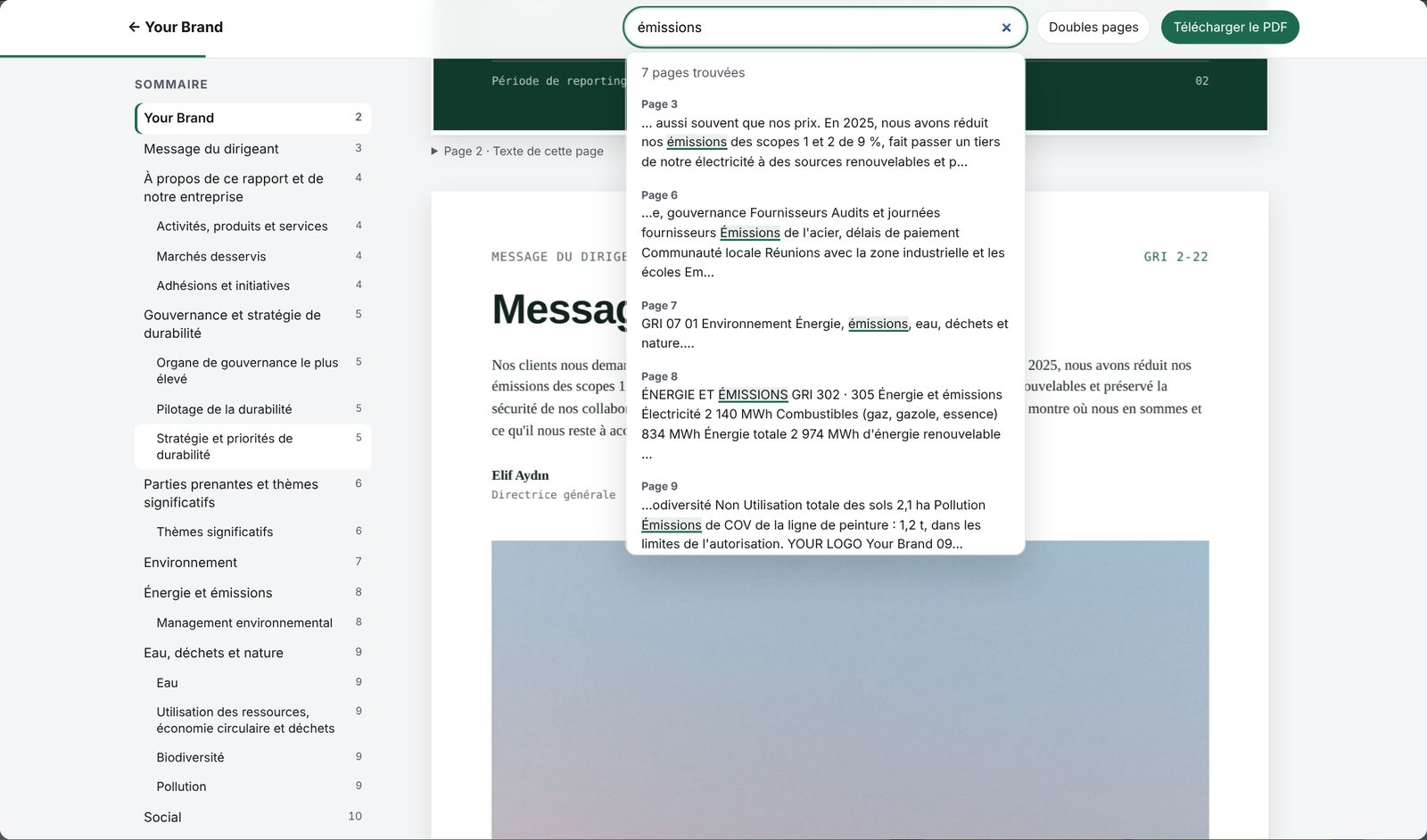 Rapport de développement durable en PDF affiché sur le web avec son design d'origine, son sommaire et sa recherche