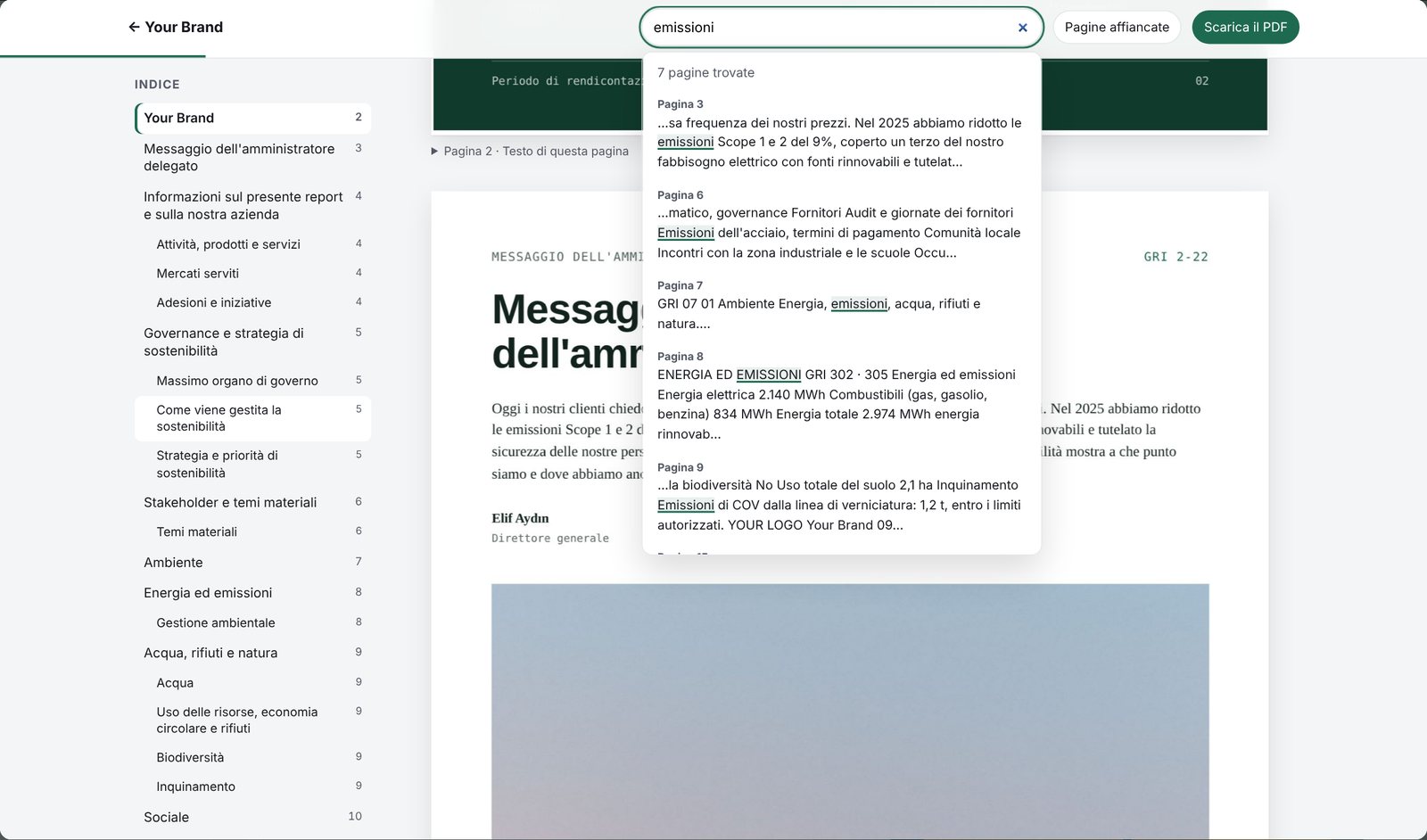 Report di sostenibilità in PDF mostrato sul web con il design originale, l'indice e la ricerca