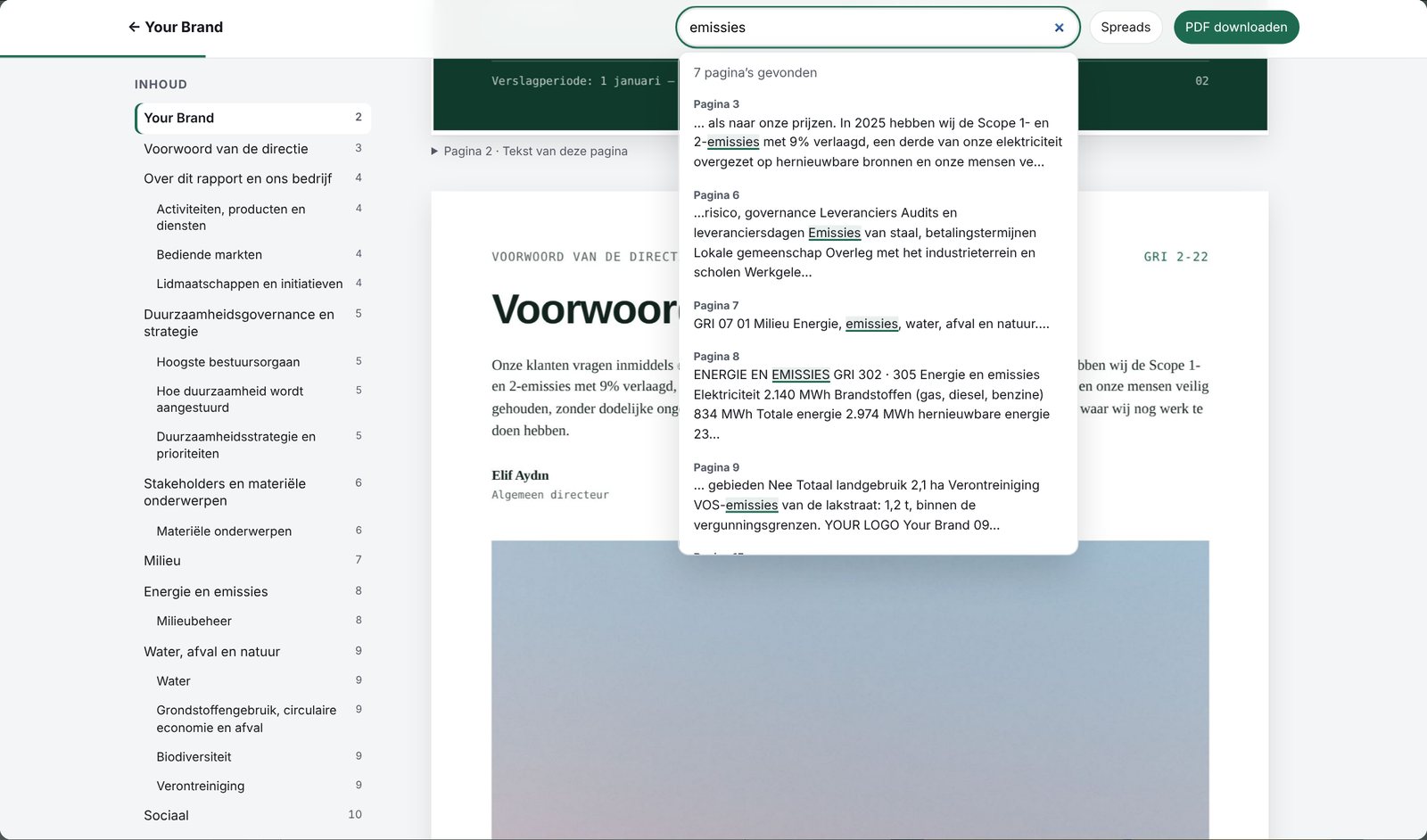Duurzaamheidsrapport als PDF op het web getoond met het originele ontwerp, inhoudsopgave en zoekfunctie