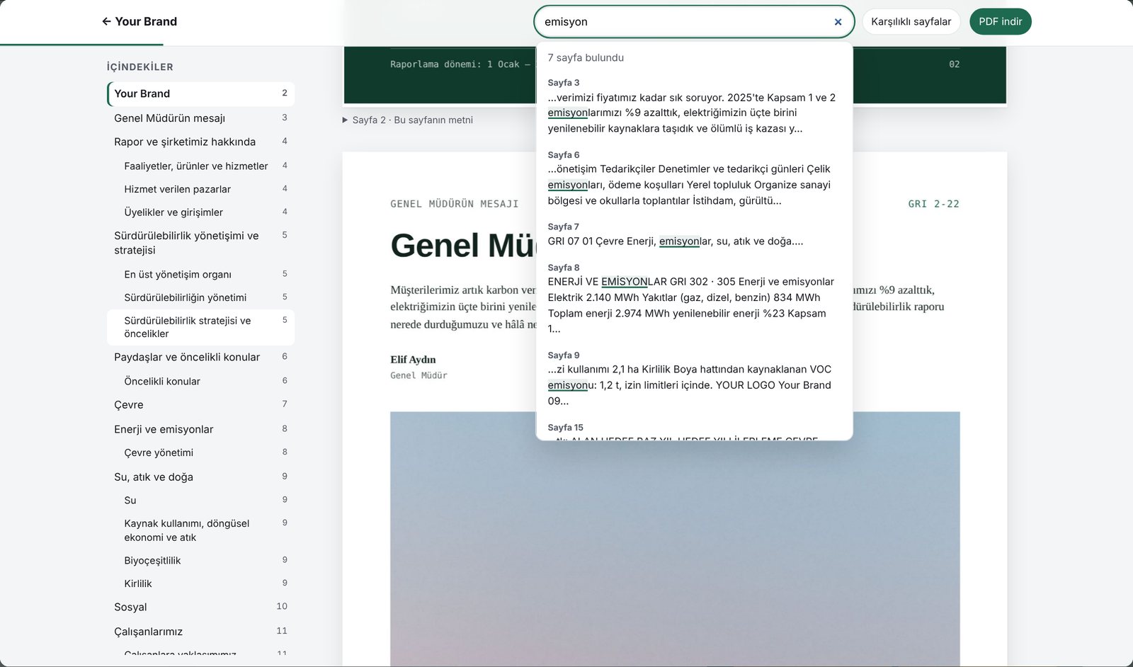 Özgün tasarımı, içindekiler menüsü ve aramasıyla web'de gösterilen sürdürülebilirlik raporu PDF'i
