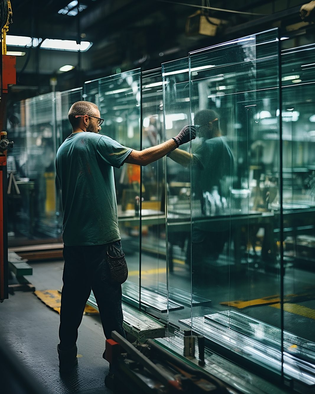 A worker in safety glasses and gloves checking a glass sheet.